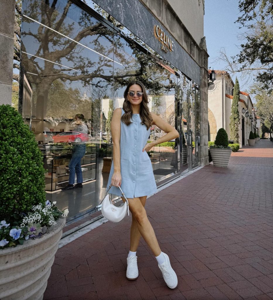 Pastel Blue Button-Up Mini Dress + White Top-Handle Bag + White Low-Top Sneakers
