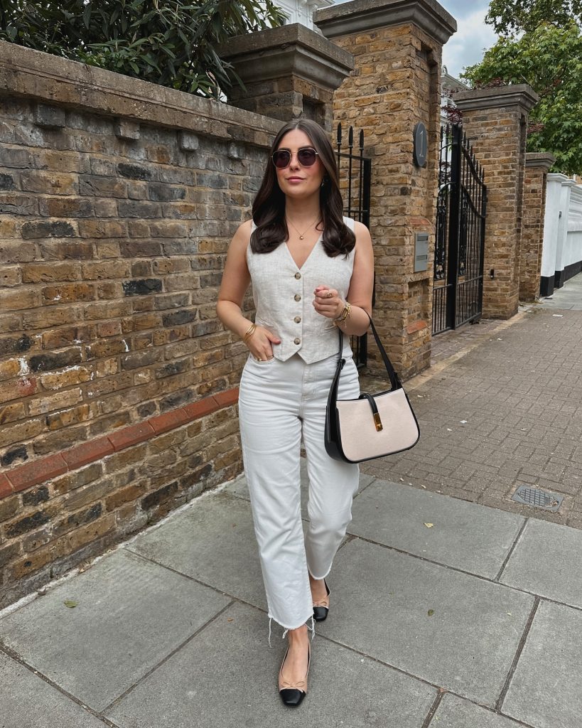 Beige Waistcoat + Off-White Jeans + Two-tone Flats