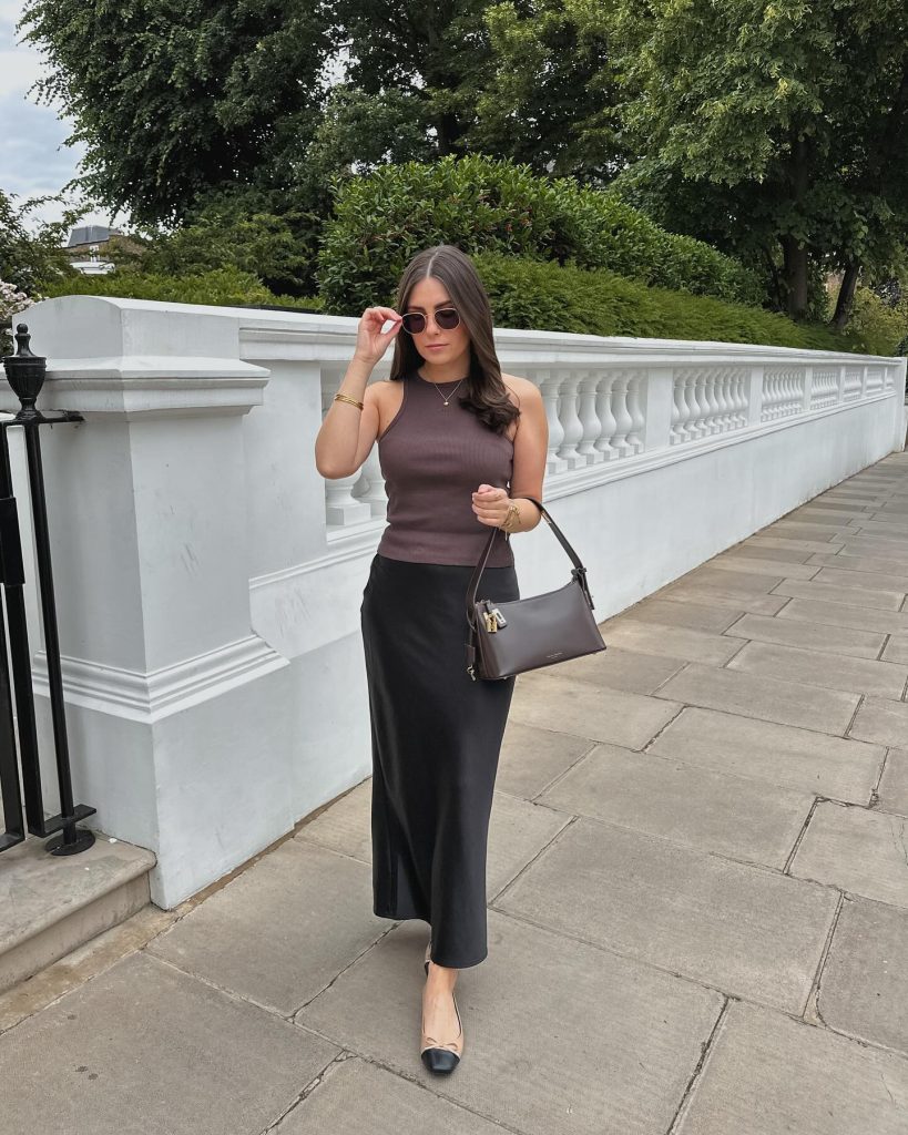 Brown Ribbed Tank + Black Satin Midi Skirt + Two-Tone Slingbacks