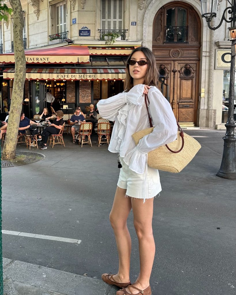 White Ruffled Blouse + White Denim Shorts + Straw Tote