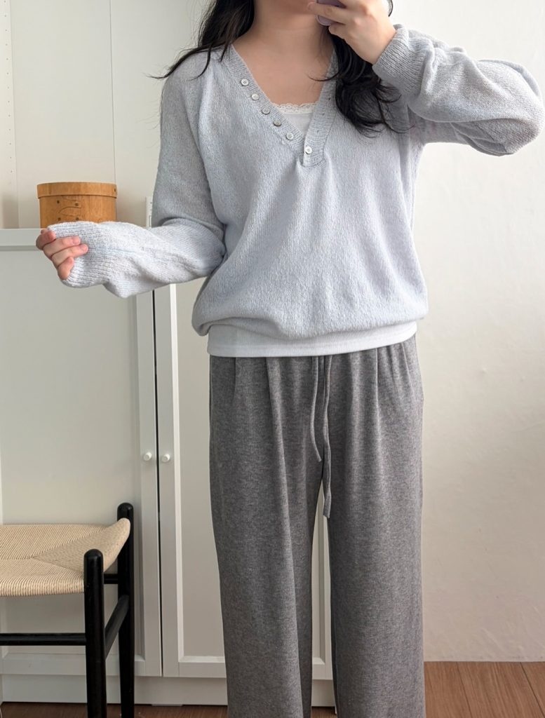  Light Blue Henley Sweater + Grey Joggers + White Cami