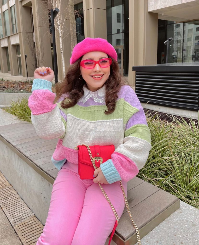 Multi-color Striped Sweater + Pink Jeans + Fuchsia Beret