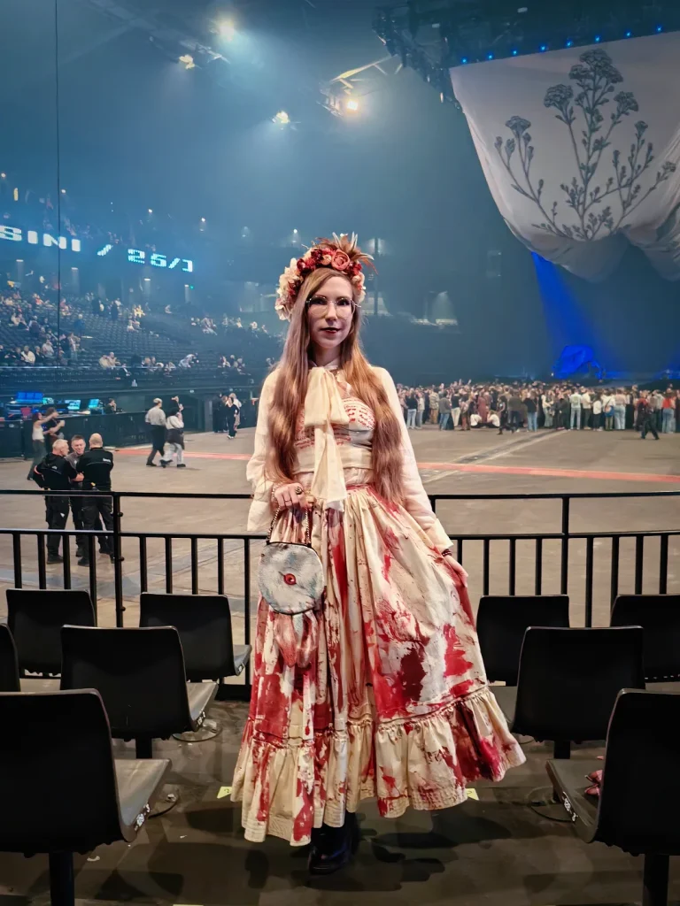 Cream Blood-Splattered Victorian Gown + Floral Headpiece + Bow Neckline