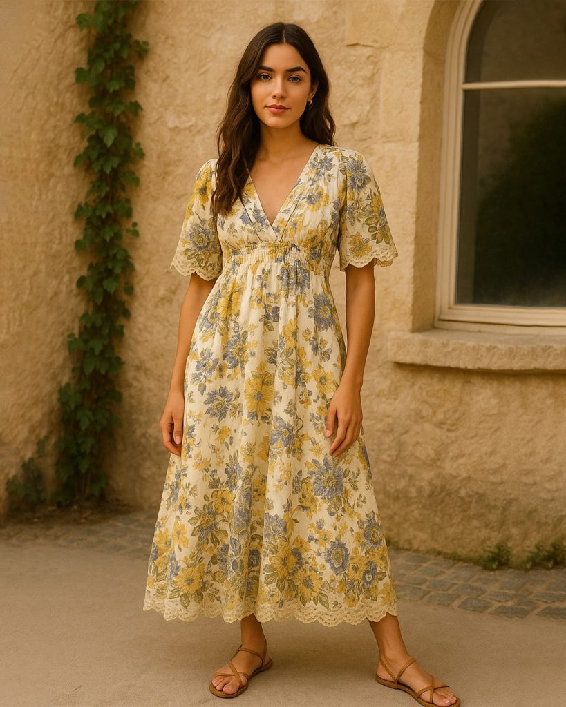  Yellow Floral Dress + V-neckline + Strappy Sandals