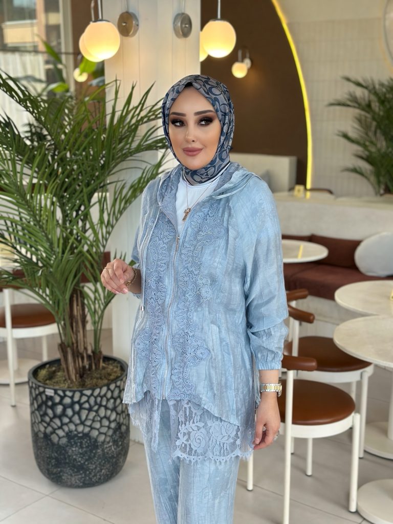 Sky Blue Lace-Trimmed Jacket + Navy Patterned Hijab + Matching Trousers