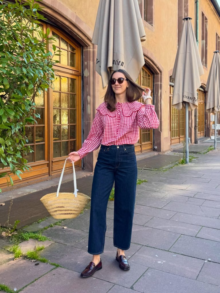 Red Gingham Blouse + Dark Wash Straight Jeans