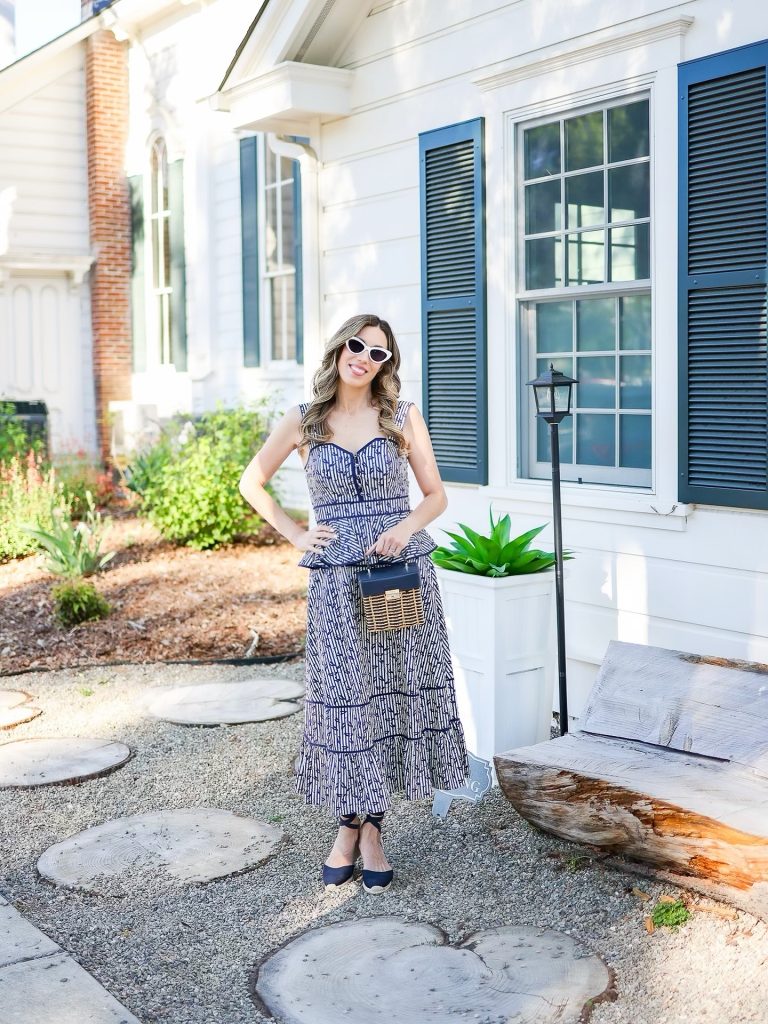 Blue Patterned Peplum Top + Matching Tiered Skirt + Navy Espadrilles