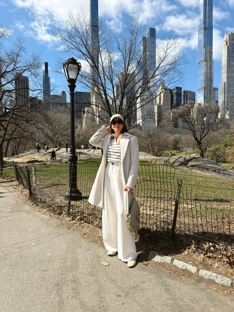 Grey Long Coat + Striped Polo + White Wide-leg Pants