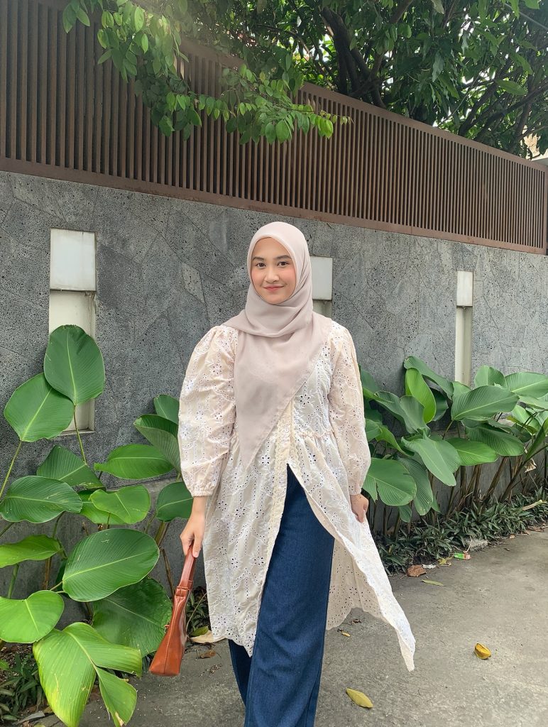  Cream Eyelet Tunic + Wide-Leg Denim + Neutral Hijab