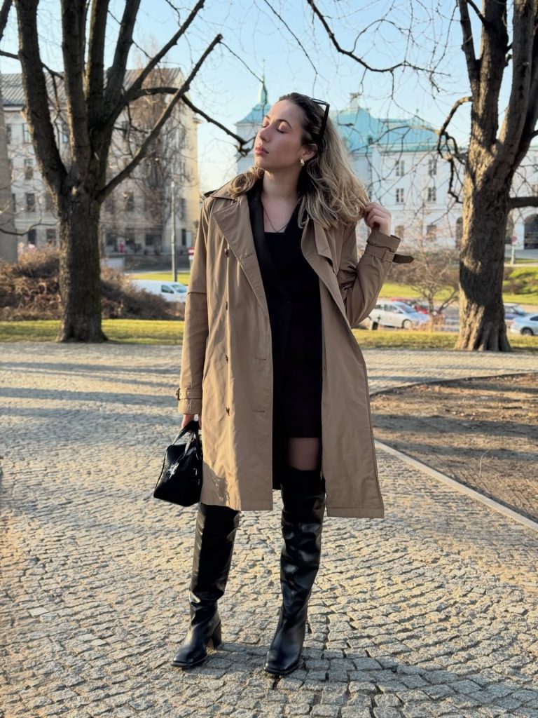 Tan Trench Coat + Black Mini Dress + Black Over-the-Knee Boots