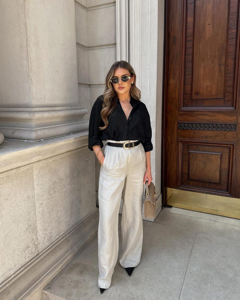 Black Button-Down + Gold-Buckle Belt + Grey Linen Trousers