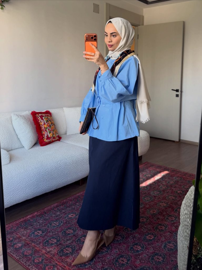 Sky Blue Button-Down Blouse + Navy Maxi Skirt