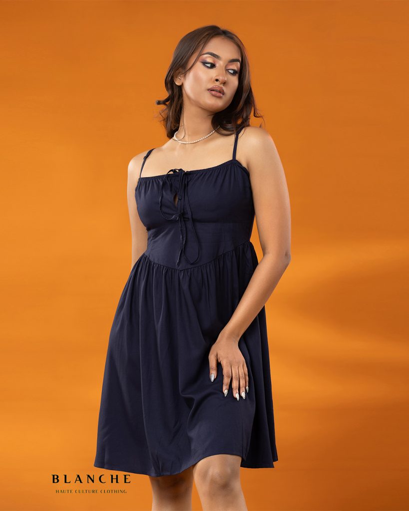 Navy Tie-Front Mini Dress + Pearl Necklace + Silver Nails