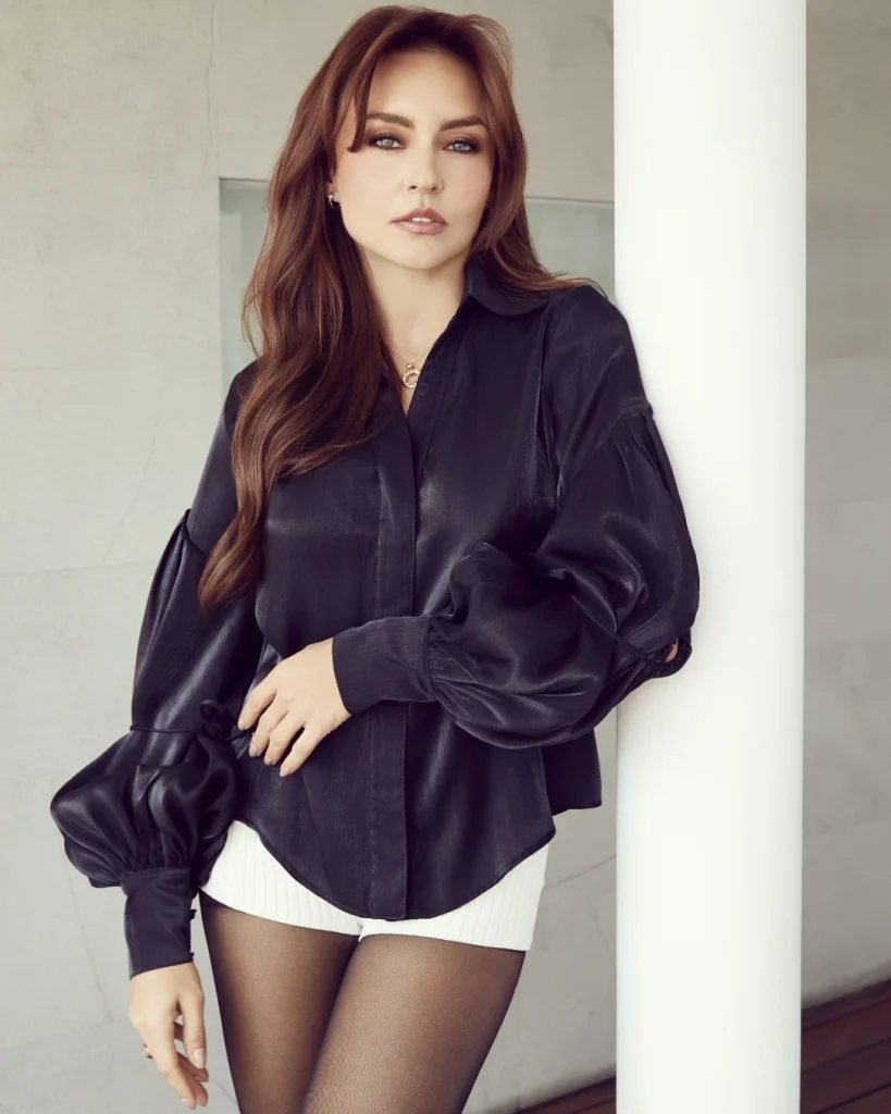 Black Satin Balloon-Sleeve Blouse + White Ribbed Shorts + Black Sheer Tights