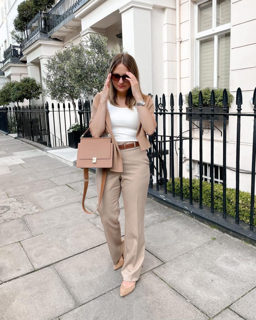 Beige Cardigan + White Scoop Neck + Tan Tailored Pants