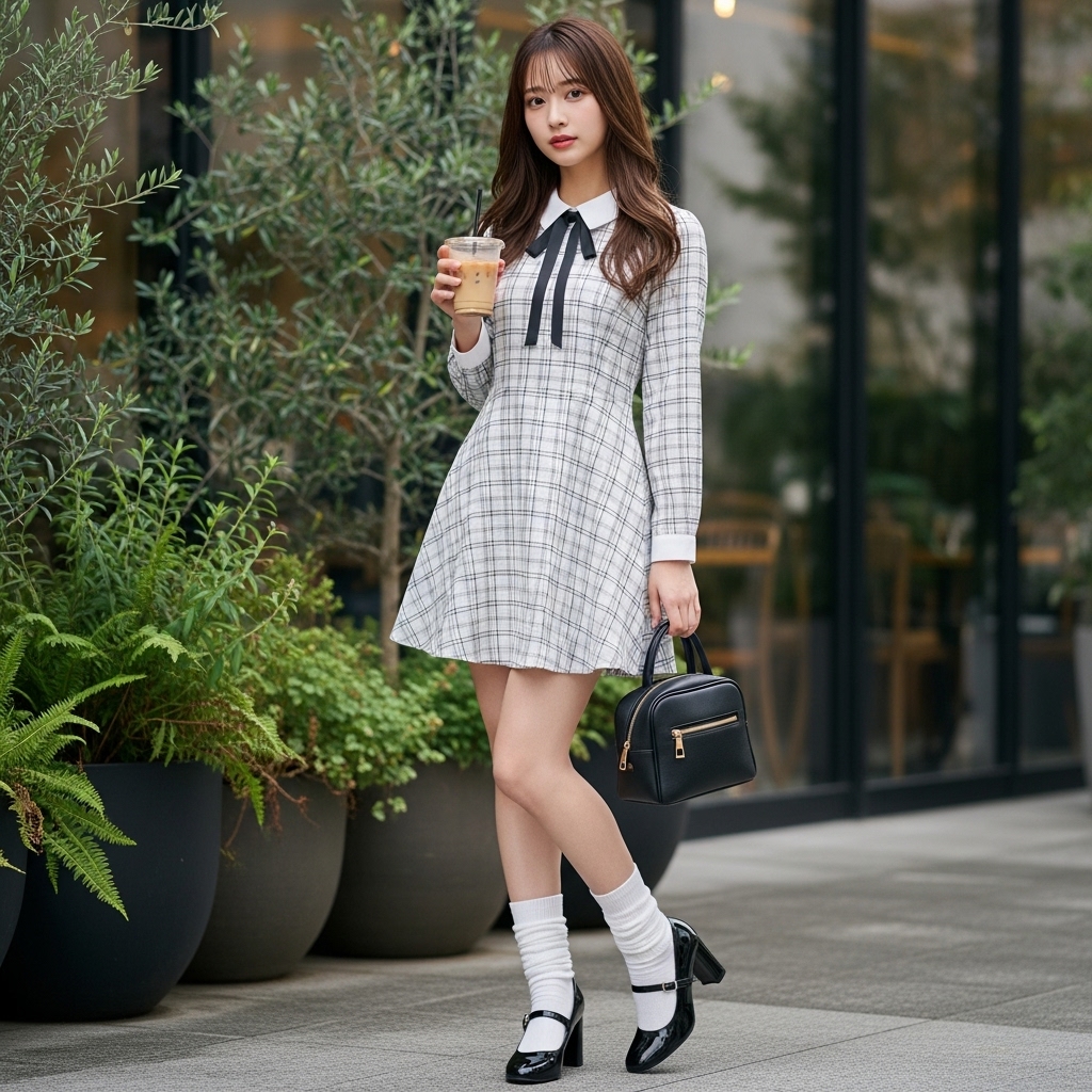  Grey Plaid Dress + White Peter Pan Collar + Black Mary Janes
