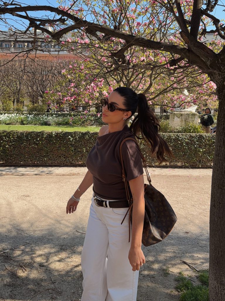 Brown One-Shoulder Top + White Denim + Monogram Bag