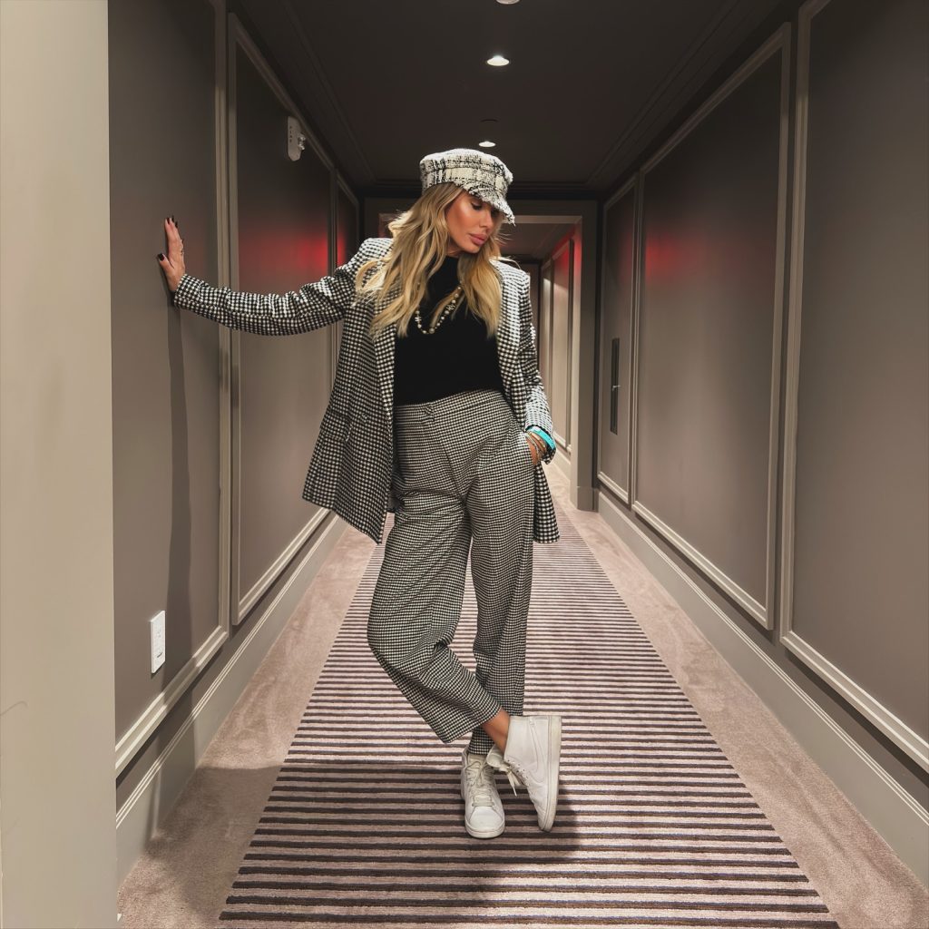  Gingham Blazer + Black Turtleneck + Gingham Trousers