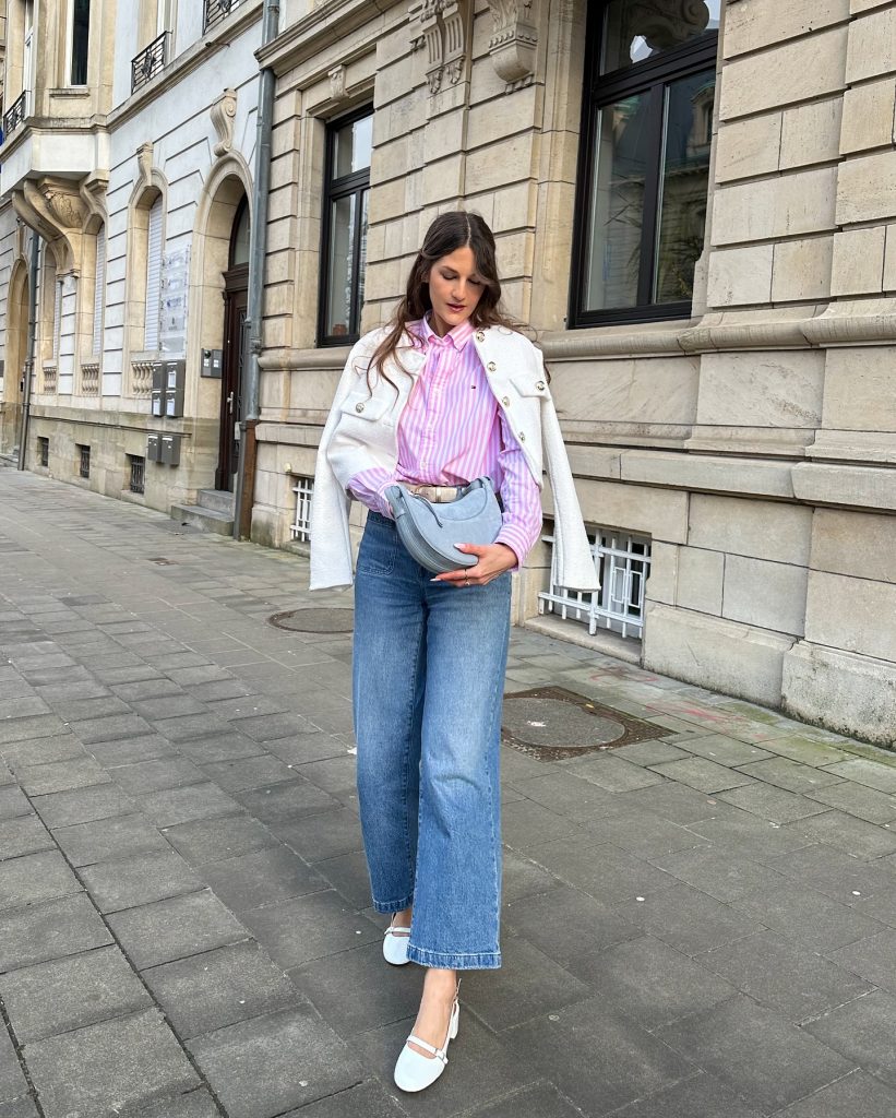Pink Striped Shirt + Medium Wash Jeans + White Textured Jacket