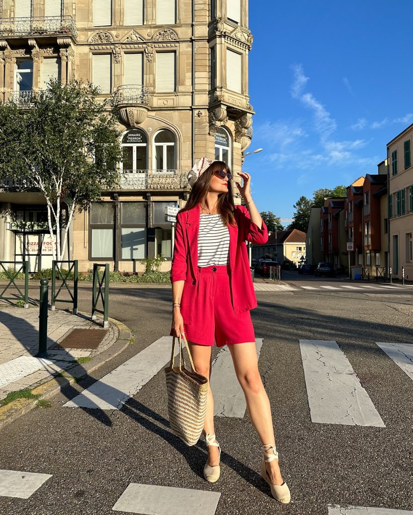 Magenta Blazer & Shorts Set + Striped Top + Espadrilles