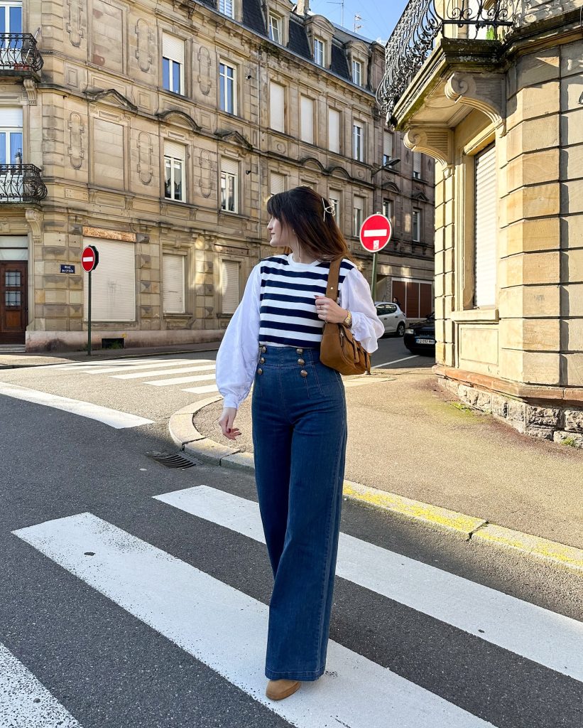 Navy Striped Knit Vest + Sailor Wide-Leg Jeans + Balloon Sleeve Blouse