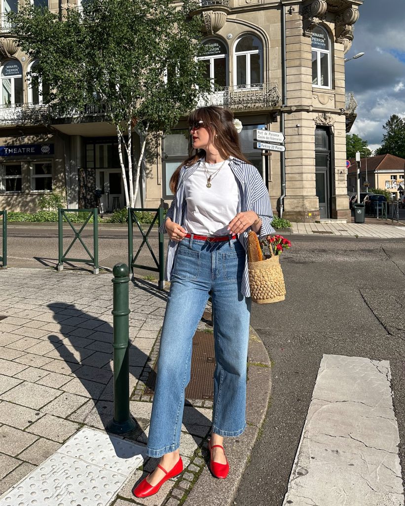 Blue Striped Oversized Shirt + Patch Pocket Jeans + Red Mary Janes