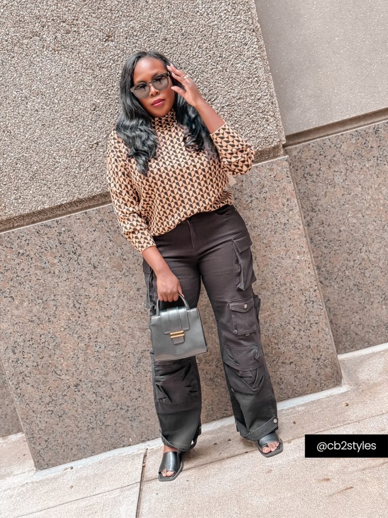  Black Multi-Pocket Cargo Pants + Geometric Print Mock Neck + Square-Toe Slides