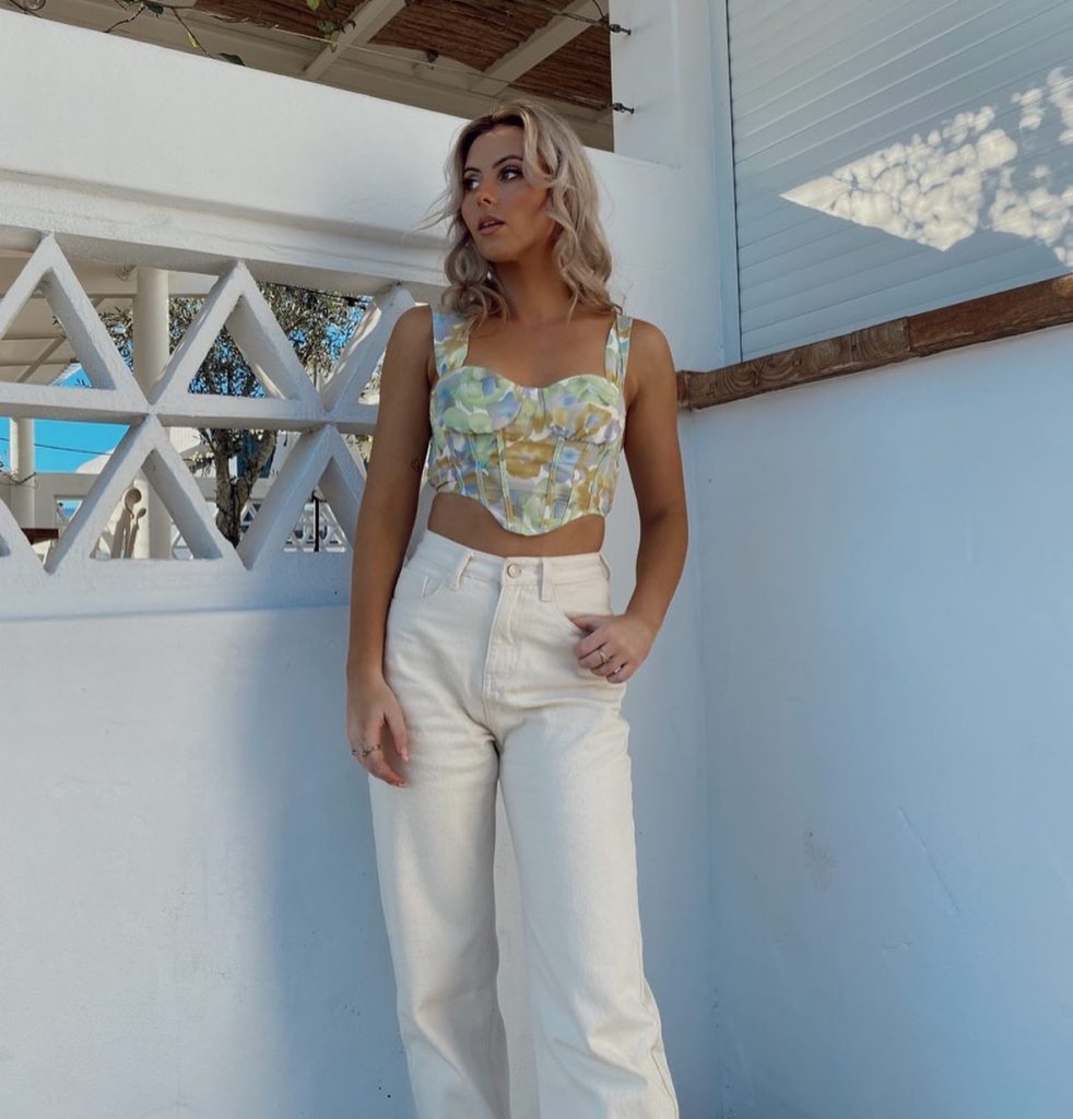 Floral Corset Top + Cream High-waisted Pants
