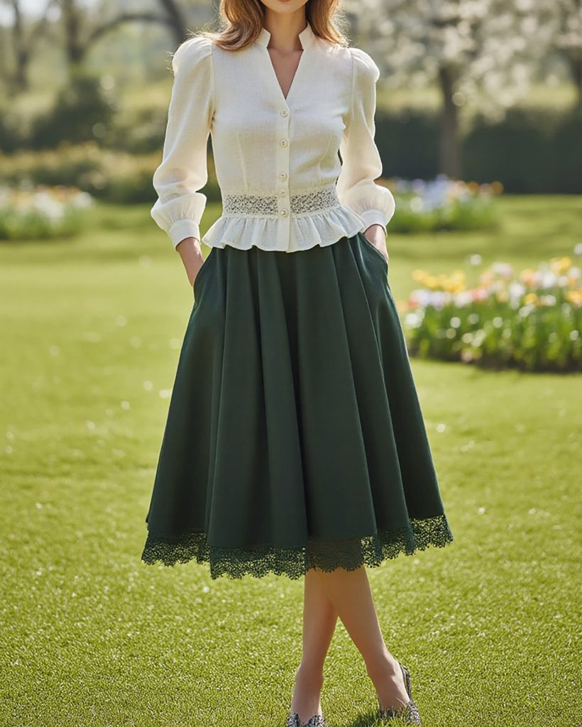 White Peplum Blouse + Dark Green A-Line Midi Skirt