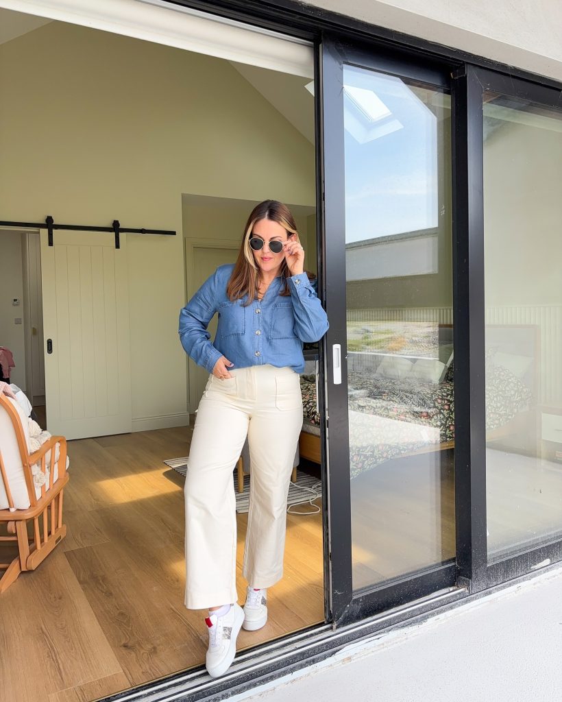 Blue Denim Button-up + Cream Wide-leg Trousers + White Sneakers