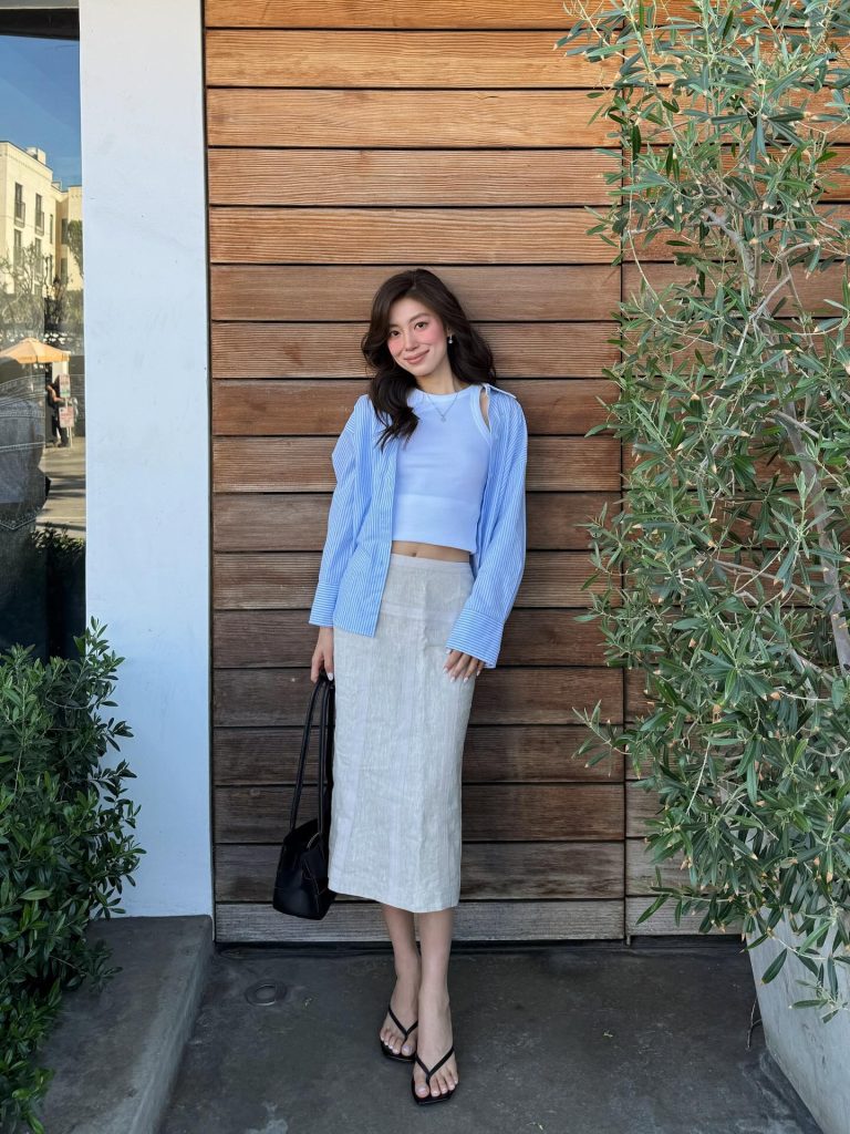 Blue Striped Shirt + White Crop Top + Linen Midi Skirt