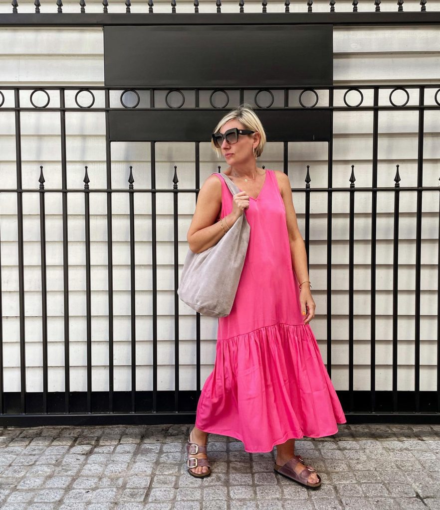Pink Ruffled Maxi Dress + Suede Hobo Bag + Buckled Sandals