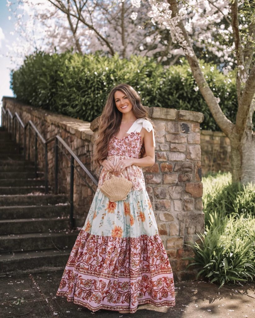 Pink Patterned Maxi Dress + Tiered Skirt + Straw Bag