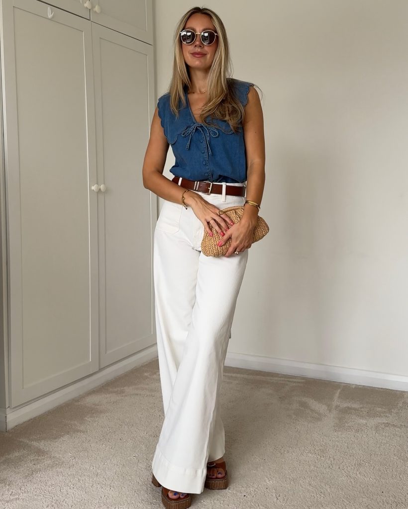Blue Denim Scalloped Top + Brown Leather Belt + White Wide-Leg Jeans