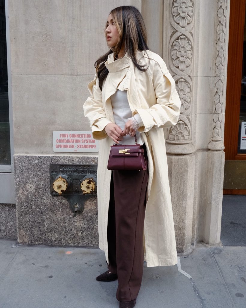 Cream Trench Coat + White Lace Top + Brown Wide-leg Pants