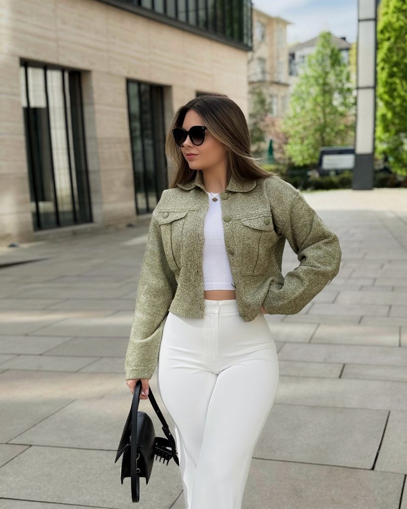 Olive Textured Jacket + White High-Waisted Trousers