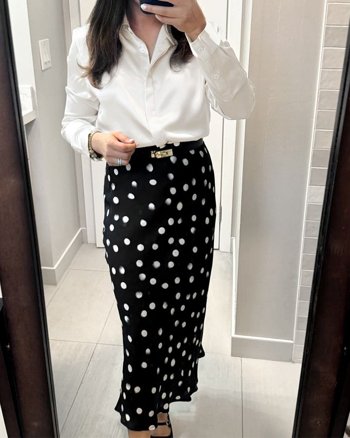 White Silk Blouse + Polka Dot Midi Skirt + Gold Buckle Belt
