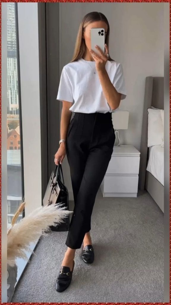 White T-Shirt + Black High-Waisted Trousers + Black Loafers