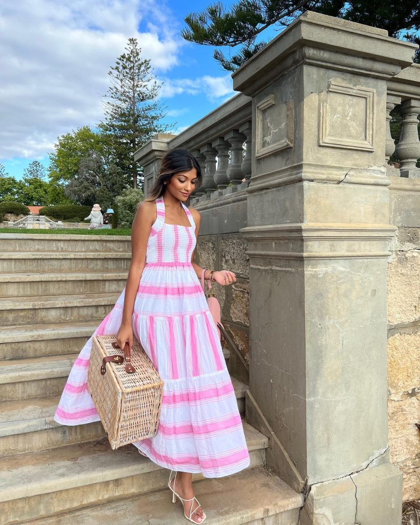 Pink and White Striped Halter Dress + Wicker Picnic Basket + White Strappy Heels