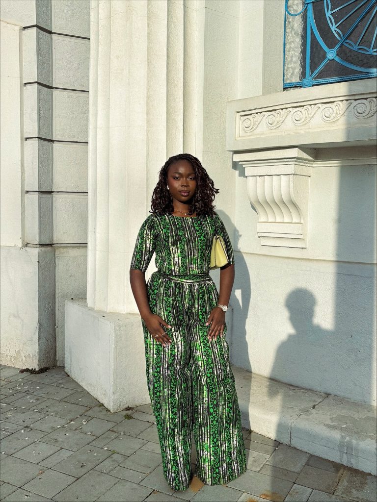 Green Graphic Print Co-ord + Yellow Leather Shoulder Bag + Gold Link Watch