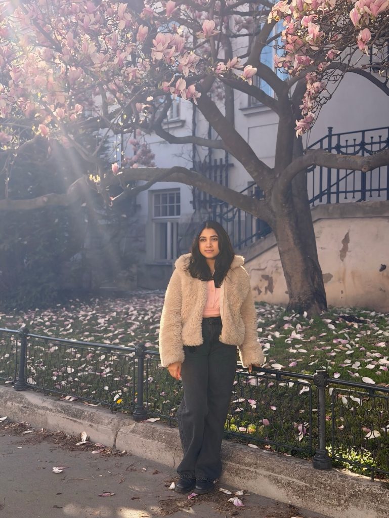  Cream Faux Fur Jacket + Pink Crop Top + Wide-Leg Denim