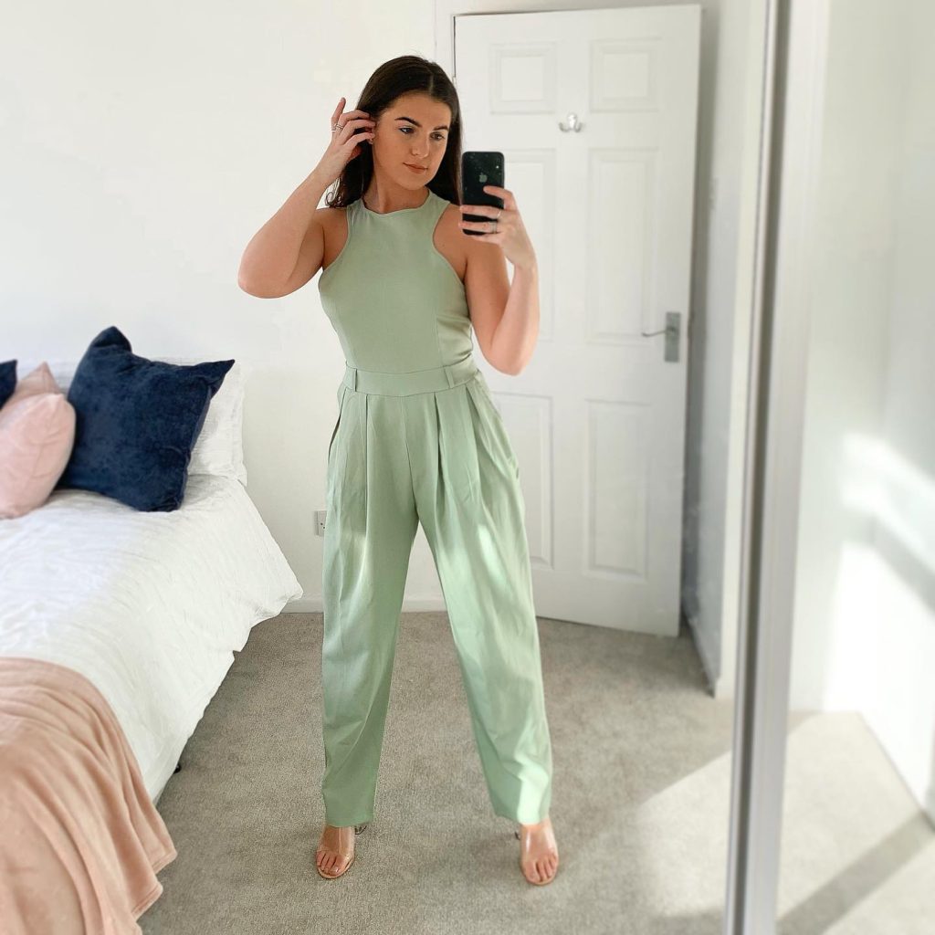 Sage Green Halter Jumpsuit + Clear Strap Heels + Minimalist Rings