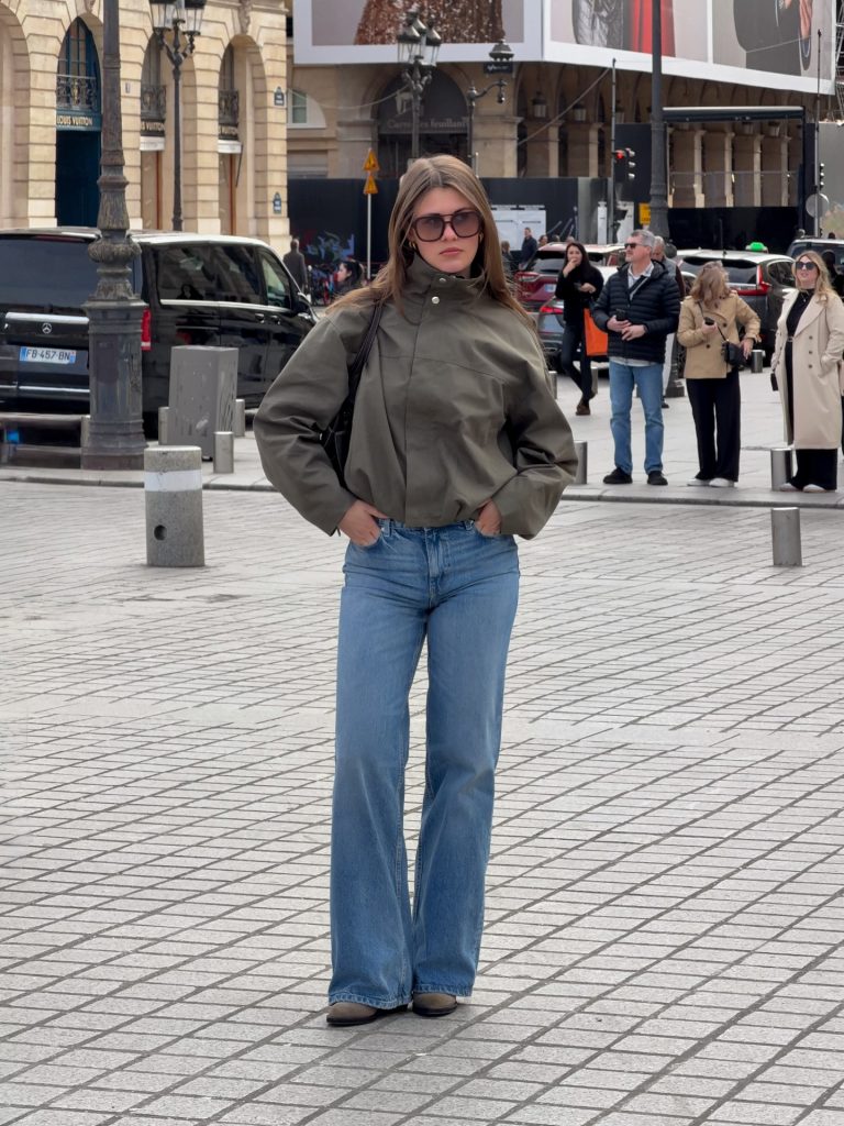 Olive High-Neck Jacket + Light Wash Flare Jeans