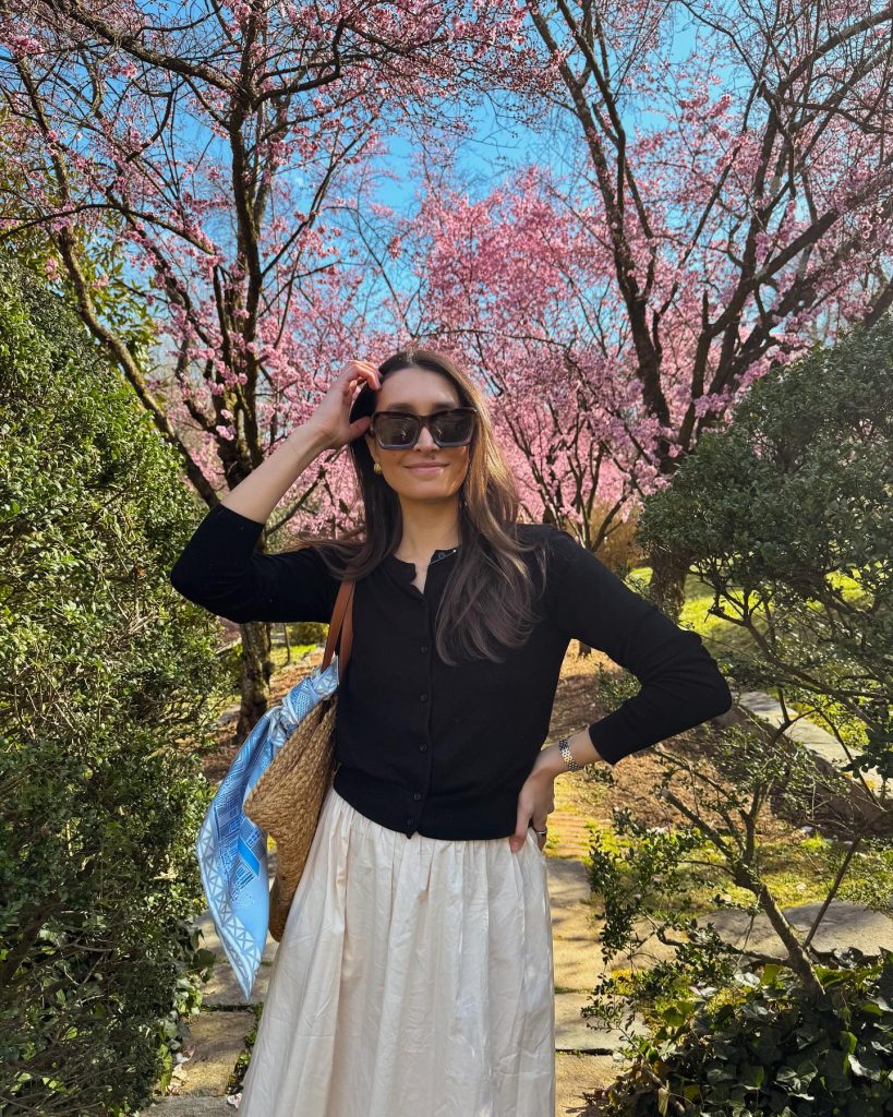 Black Buttoned Cardigan + Cream Full Maxi Skirt + Straw Tote Bag