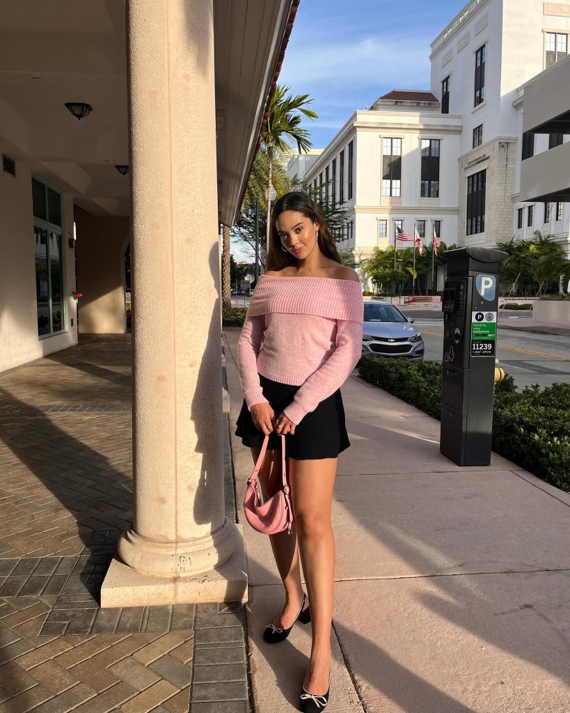 Pink Off-the-Shoulder Sweater + Black Mini Skirt + Pink Shoulder Bag