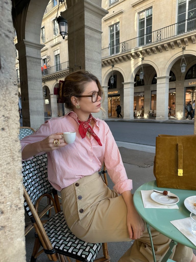Pink Striped Shirt + Red Bandana + Button-Front Trousers