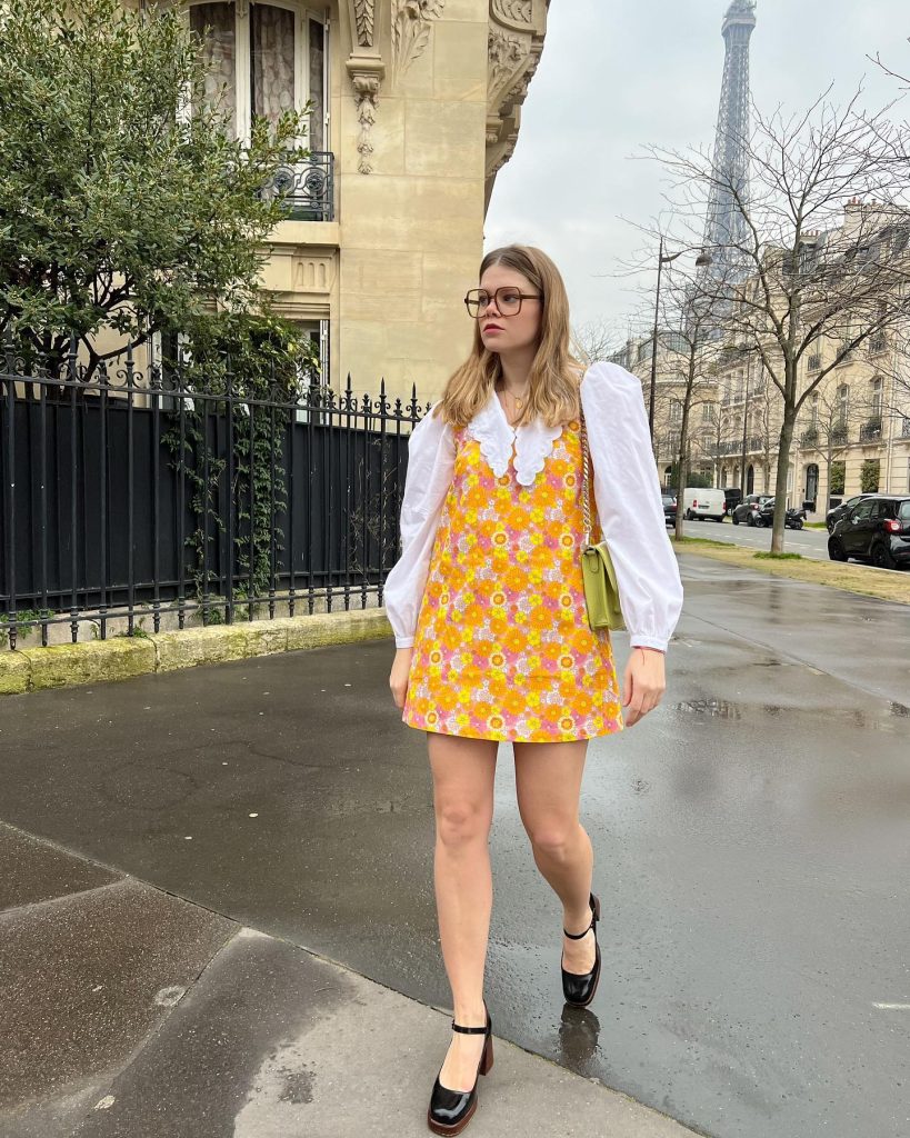 Floral Mini Dress + Oversized Collar Blouse + Mary Janes