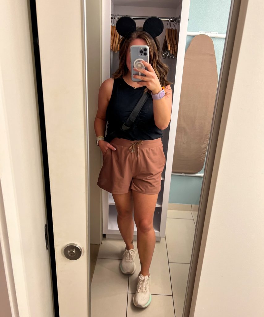 Black Muscle Tank + Mauve Athletic Shorts + Crossbody Bag