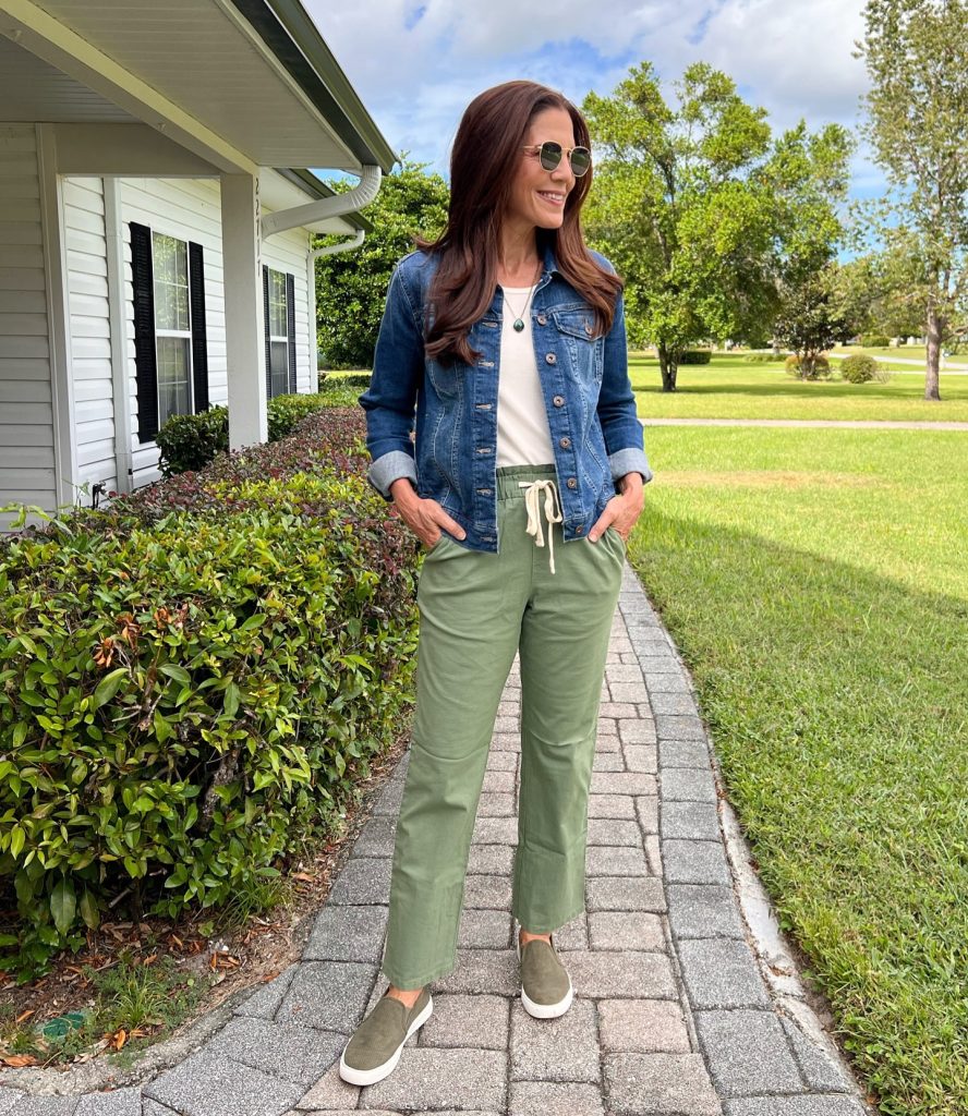 Dark Wash Denim Jacket + White Crewneck Top + Olive Green Chinos