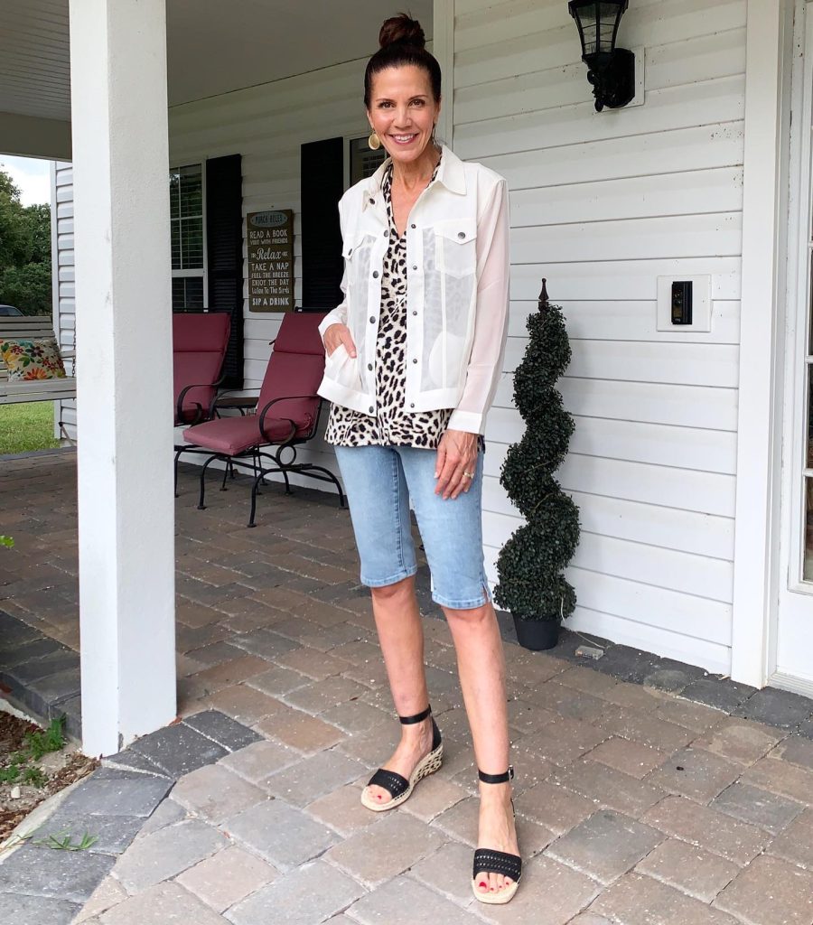 White Sheer Jacket + Leopard Print Top + Denim Bermudas